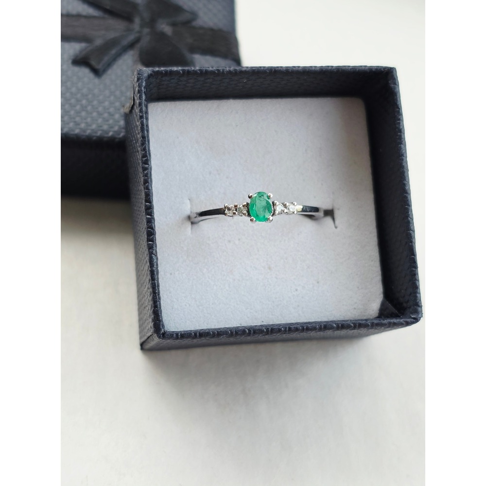 Emerald and Diamond Ring Silver Tone May Birthstone Gift for Her Size 7.25